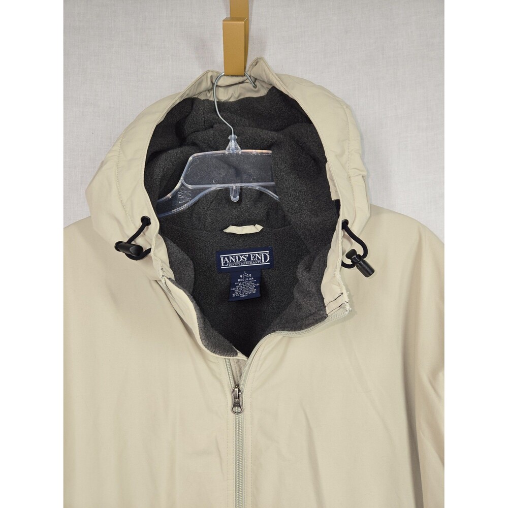 Lands End Jacket Mens Large Khaki Tan Beige Hood Fleece Lined Gorpcore Preppy - Picture 11 of 12